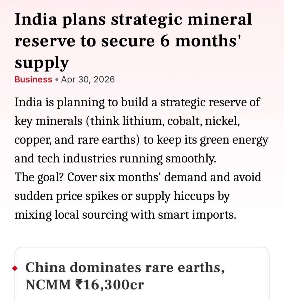 JeetGur37643596's tweet image. 🇮🇳 India plans a strategic mineral reserve to secure 6 months of supply.

Key minerals like lithium, cobalt, nickel, copper &amp;amp; rare earths are critical for EVs, batteries, semiconductors, and clean energy.

#India #Minerals #Lithium #RareEarths #EV #GreenEnergy #MakeInIndia