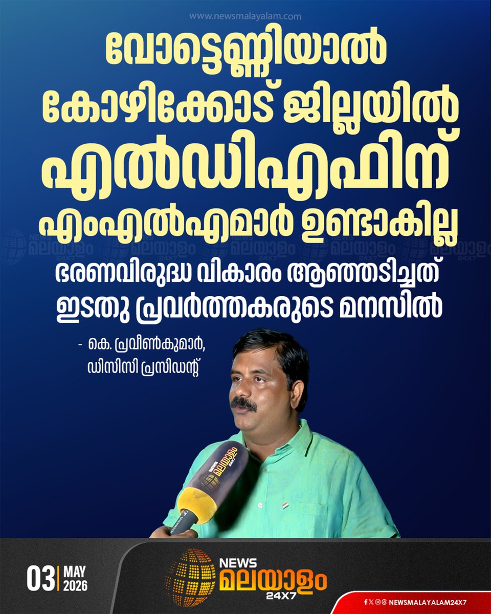 newsmalayalamtv's tweet image. ഭരണവിരുദ്ധ വികാരം ഗുണം ചെയ്യുമെന്ന് കോഴിക്കോട് ഡിസിസി പ്രസിഡൻ്റ് കെ. പ്രവീൺകുമാർ

Read more| newsmalayalam.com/newsroom/keral…
#kpraveenkumar #Congress #kozhikode #newsmalayalam24x7 #newsmalayalamtv