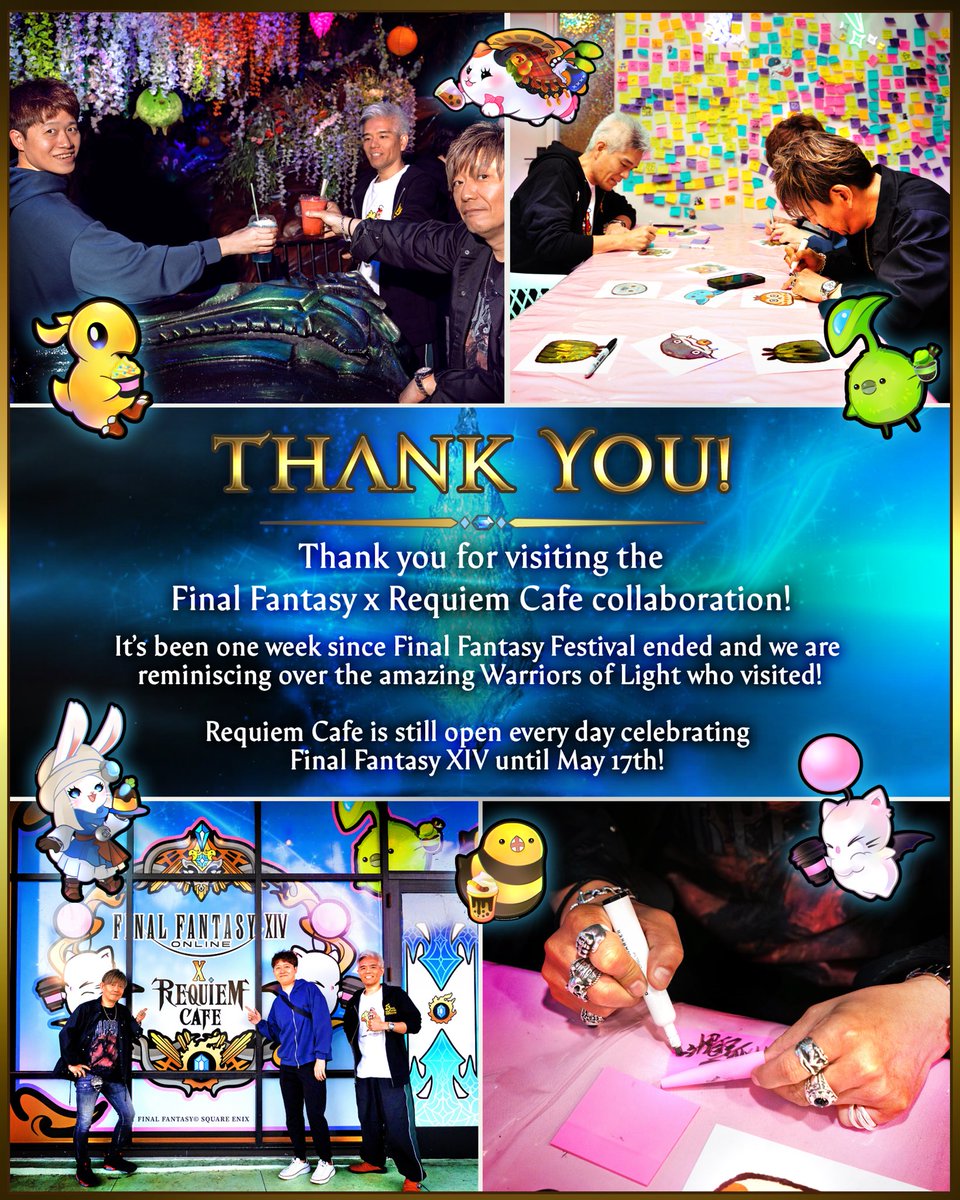RequiemCafe's tweet photo. Thank you for visiting the Final Fantasy x Requiem Cafe collaboration! 

It was an absolute honor to meet the iconic Yoshi-P and the incredibly talented Japan team! Requiem cafe is still open every day celebrating Final Fantasy XIV until May 17th 🥳 https://t.co/Z3EqxSMFN1