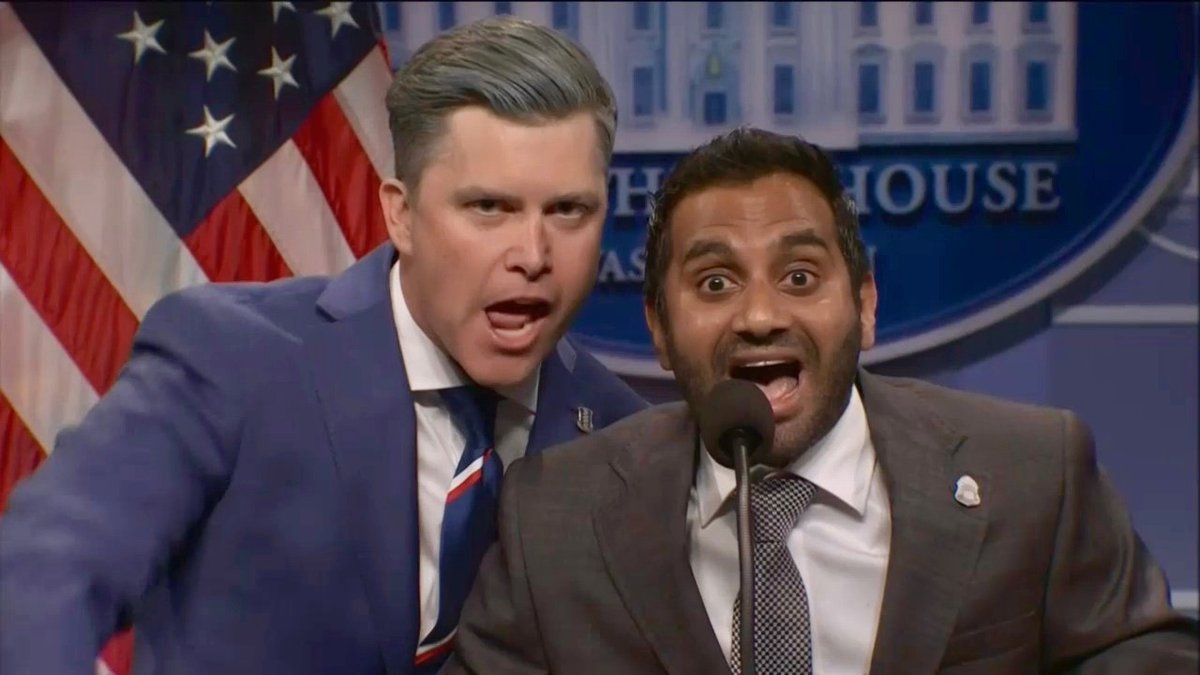 thesnlnetwork's tweet photo. Colin Jost says Live From New York! for the 17th time, moves into 33rd place all-time! Aziz Ansari says Live From New York! for the 1st time! #SNL #LFNY https://t.co/jiDF5NvrNt