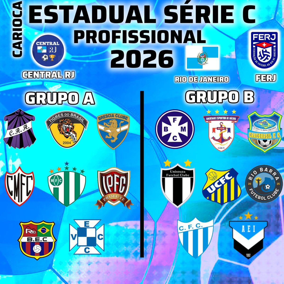 CentralRJFut's tweet photo. CARIOCA ESTADUAL SÉRIE C 2026
Hoje começa o Campeonato Carioca Série C 2026. Veja as equipes participantes e os confrontos da 1ª rodada da Taça Waldir Amaral.
#CentralRJ #FERJ #CariocaC #CariocaSerieC https://t.co/erDRzn8jyf