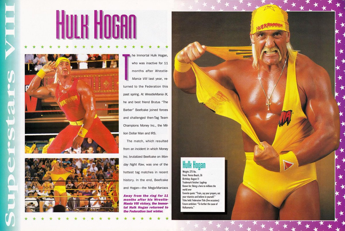 WWFWrestling1's tweet image. Profile of Hulk Hogan from the 1993 WWF Superstars VIII Magazine! #WWF #WWE #Wrestling #HulkHogan