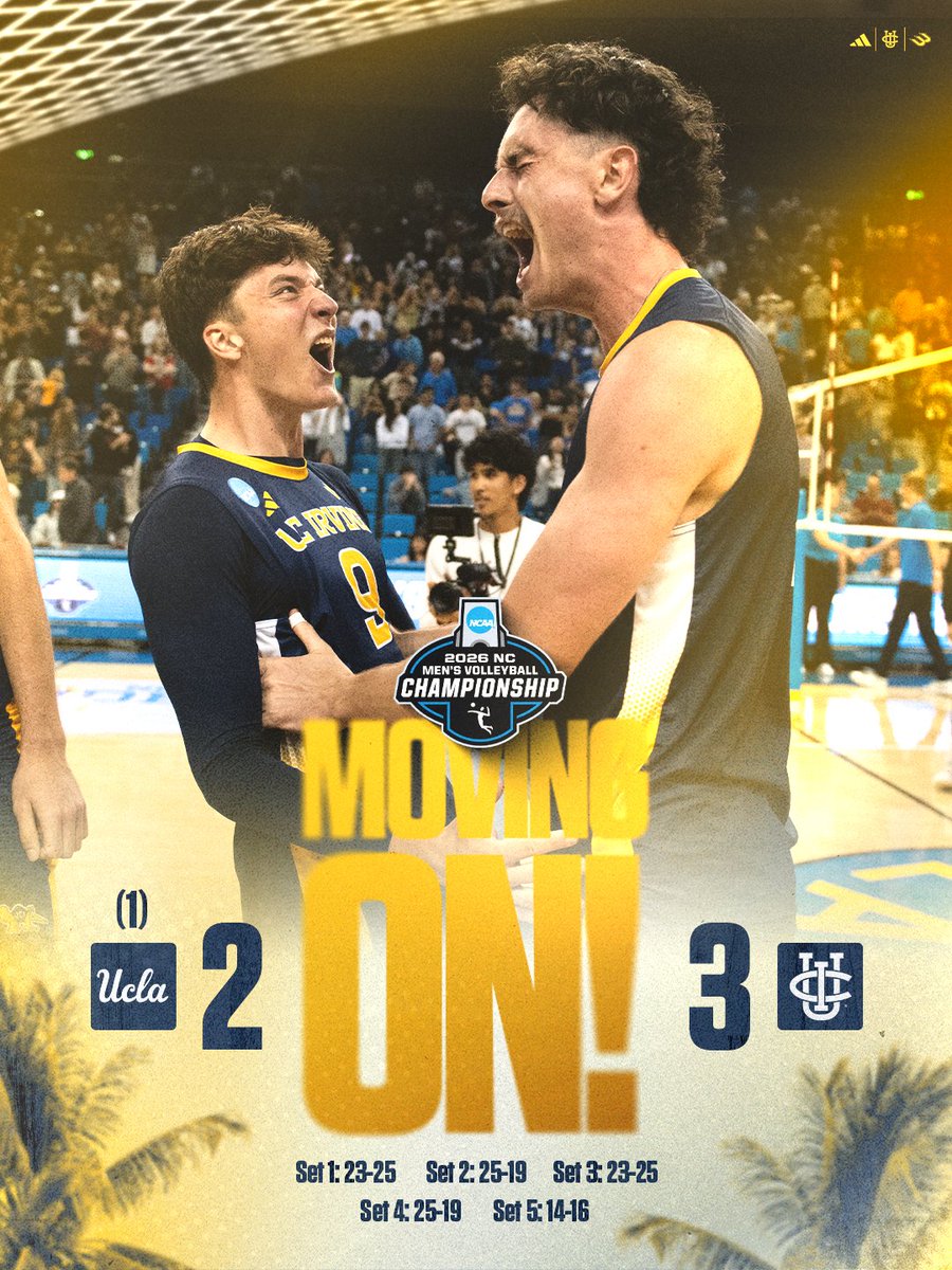 UCImvb's tweet photo. 𝐃𝐎𝐖𝐍 𝐆𝐎𝐄𝐒 𝐓𝐇𝐄 𝐍𝐔𝐌𝐁𝐄𝐑 𝟏 𝐒𝐄𝐄𝐃! 🤘

'Eaters upset number 1 seed UCLA to win the region in their second five-set battle of the weekend, advancing to the Semifinals next Saturday!

#TogetherWeZot | #RipEm https://t.co/QtOlQa6sFO