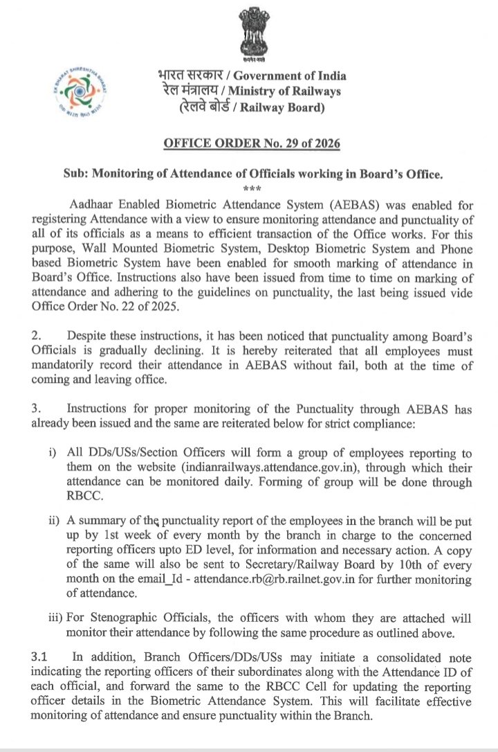h_pongilath's tweet image. Railway Board Office Order to Officials regarding "declining punctuality"  to record their attendance through “by Aadhar Enabled Biometric Attendance System #AEBAS” both at the time of coming &amp;amp; leaving office 
#IndianRailways #RailwayBoard #attendance