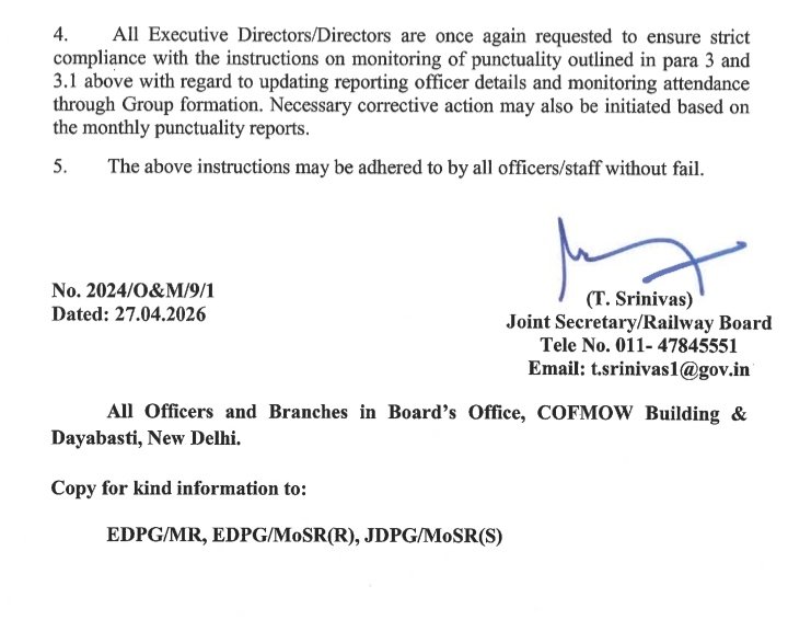 h_pongilath's tweet image. Railway Board Office Order to Officials regarding "declining punctuality"  to record their attendance through “by Aadhar Enabled Biometric Attendance System #AEBAS” both at the time of coming &amp;amp; leaving office 
#IndianRailways #RailwayBoard #attendance