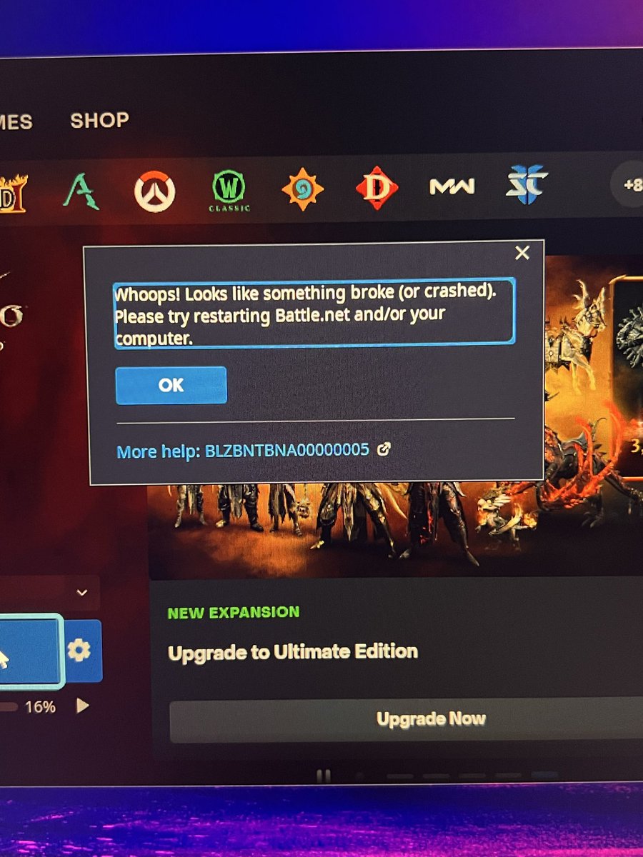 johnnycasual_'s tweet photo. @Diablo @BlizzardCS 
No idea what’s going but the game is genuinely unplayable. Plus I JUST bought the WoW tier skins and can’t even check them out. Every time I try to load in, I’m getting a different error message and a crash. What is happening here? https://t.co/8o8RX8x9rt