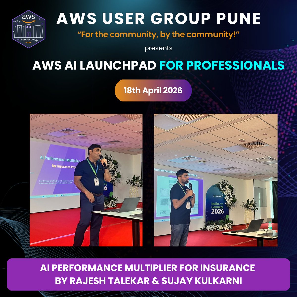 AwsPune's tweet photo. Rajesh Talekar and Sujay Kulkarni delivered a phenomenal session that unpacked the full potential of advisor agents built on Amazon Bedrock! 

#awscommunity #awsugpune https://t.co/RxrrW2gLr4
