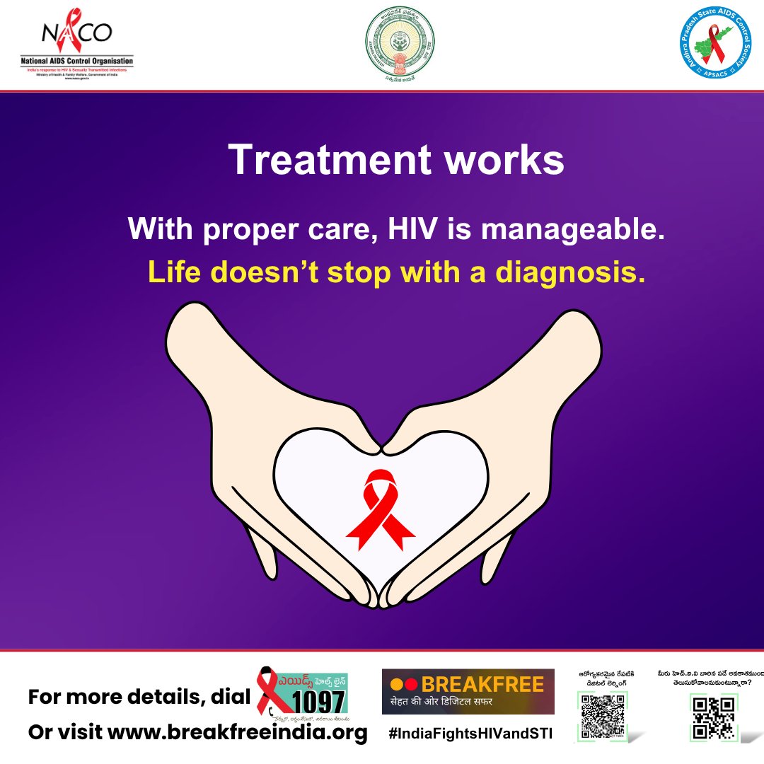 APSACS2020's tweet image. Treatment works.

With proper care, HIV is manageable.
 Life doesn’t stop with a diagnosis.
For more details, dial 1097

#IndiaFightsHIVandSTI
#HIVTreatment #ARTWorks #LivePositive
#StayHealthy #TreatmentMatters #EndHIVStigma
#UequalsU #KnowYourStatus #HealthyLiving