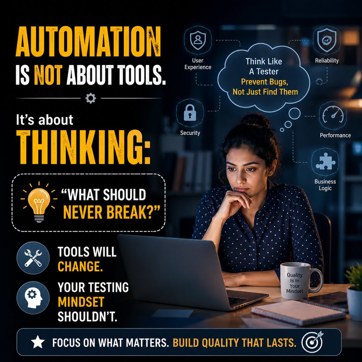 BugHuntersPro's tweet photo. Automation is not about tools.
It’s about thinking:
“What should never break?”
Tools will change.
Your testing mindset shouldn’t.

#automation #softwaretesting #aitesting https://t.co/A1Zy0IdI8C