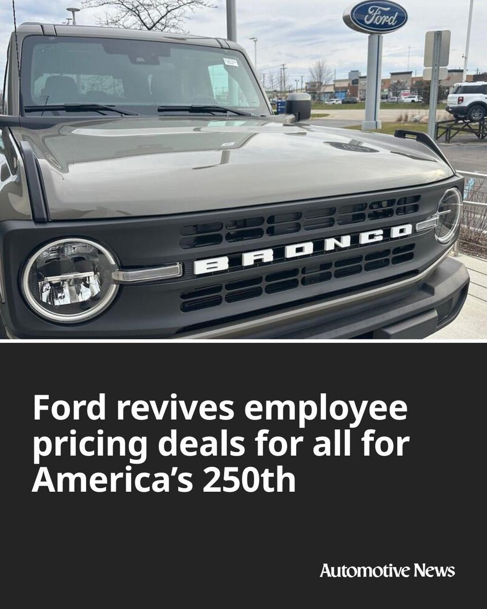 Automotive_News's tweet image. Ford Motor Co. is giving all customers access to employee pricing on most of its lineup through the July 4 holiday weekend.

#Ford #FordEmployeePricing #automotive #autoindustry #America250