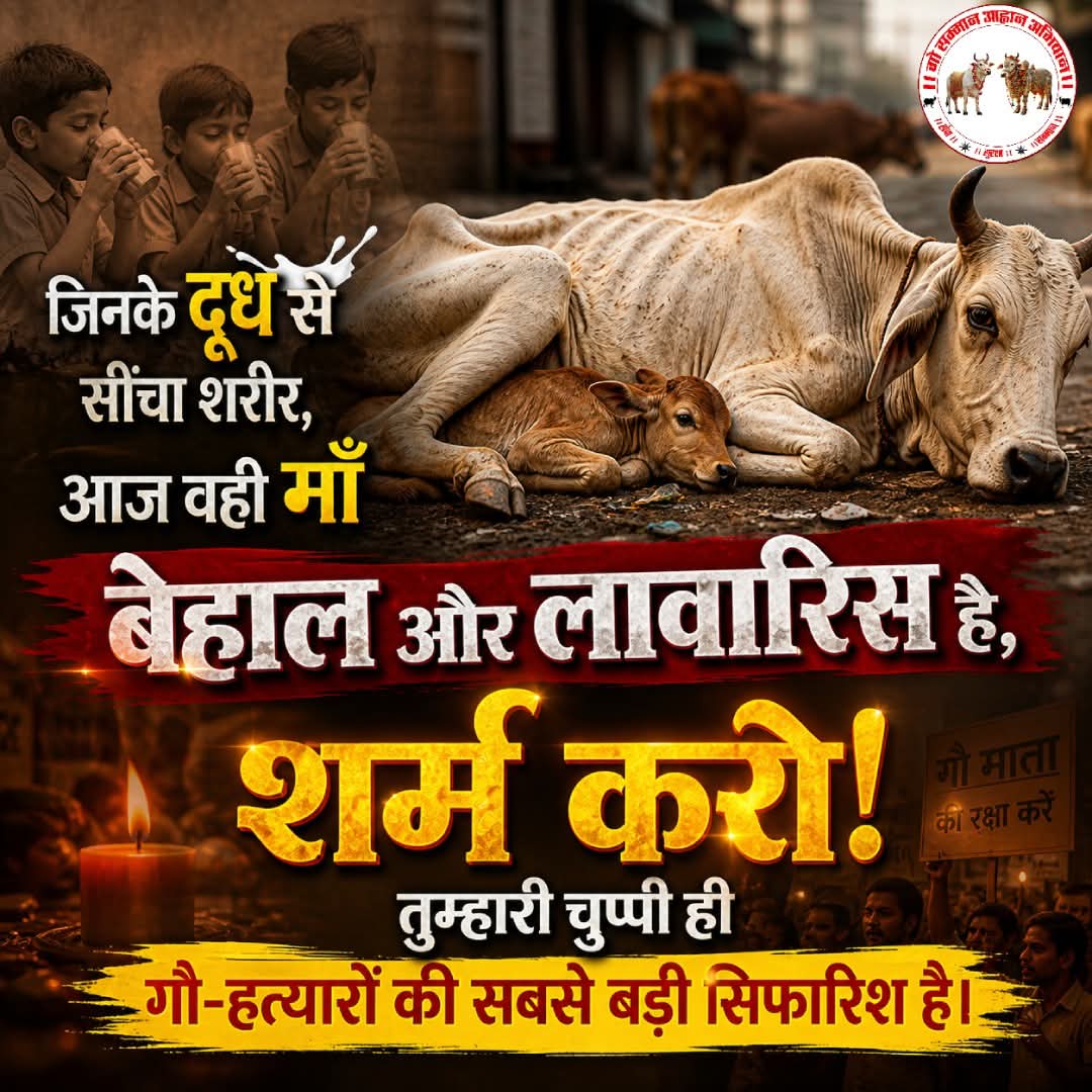 जिनके दूध से सींचा शरीर, आज वही माँ बेहाल और लावारिस है,
शर्म करो! तुम्हारी चुप्पी ही गौ-हत्यारों की सबसे बड़ी सिफारिश है।
.
.
.
#gauhatyabandho #gaumatarashtramata #GauSammanAahvaanAbhiyaan #rastramata #gauseva #abhiyaan