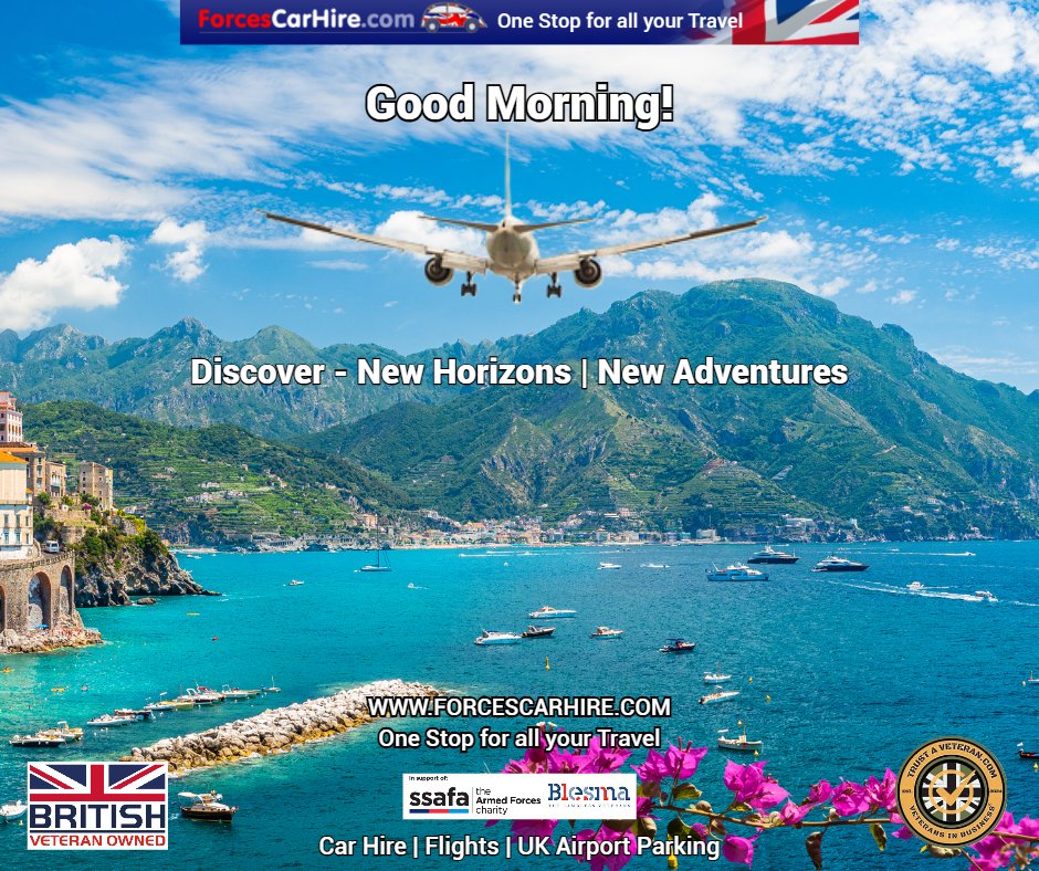 forcescarhire's tweet image. 😀 #GoodMorning 😀
Discover - New Horizons | New Adventures
One Stop for all your Travel
🚘 #CarHire
✈️ #Flights
🅿️ #UKAirportParking
🌍 bit.ly/3VZWxUK  
Supporting @SSAFA &amp;amp; @Blesma
#travel #holiday #veterans #forces #bluelight #expats #forcescarhire #MHHSBD