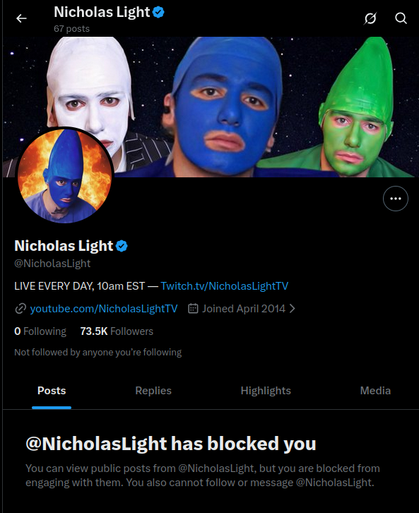 toastybubster's tweet photo. Imagine being a 1M sub youtube channel and being such a baby that a 17 like comment under @Leigha_Sapienti 's post butt hurts you enough that you need to block the person. Thank you Nicholas Light for showing everyone how much of a coward you are. https://t.co/VGp4svM5F6