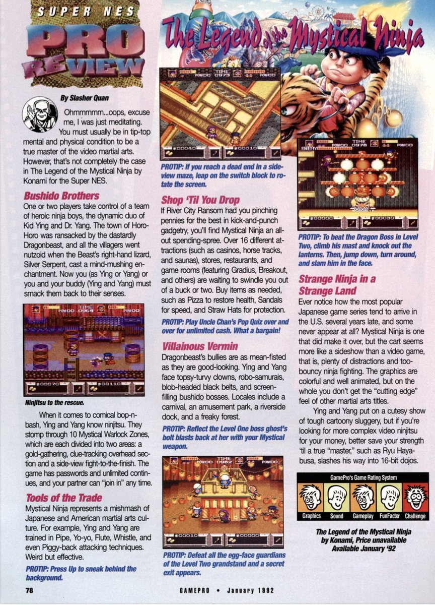 american80s's tweet image. Legend of Mystical Ninja for Super Nintendo. GamePro review. That fun factor score needs to be bumped up several notches… 🧐

#SNES #Konami #SuperNintendo #GamePro #GoemonWarrior 🥷