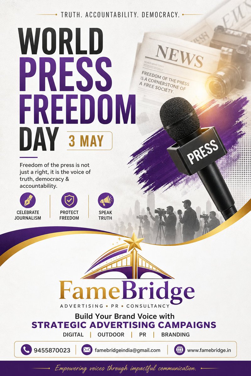 On World Press Freedom Day (3 May), we celebrate the power of truth, voices that matter, and stories that shape society.

 famebridge.in⁠
#WorldPressFreedomDay #FameBridge #Advertising #PR #BrandBuilding #DigitalMarketing