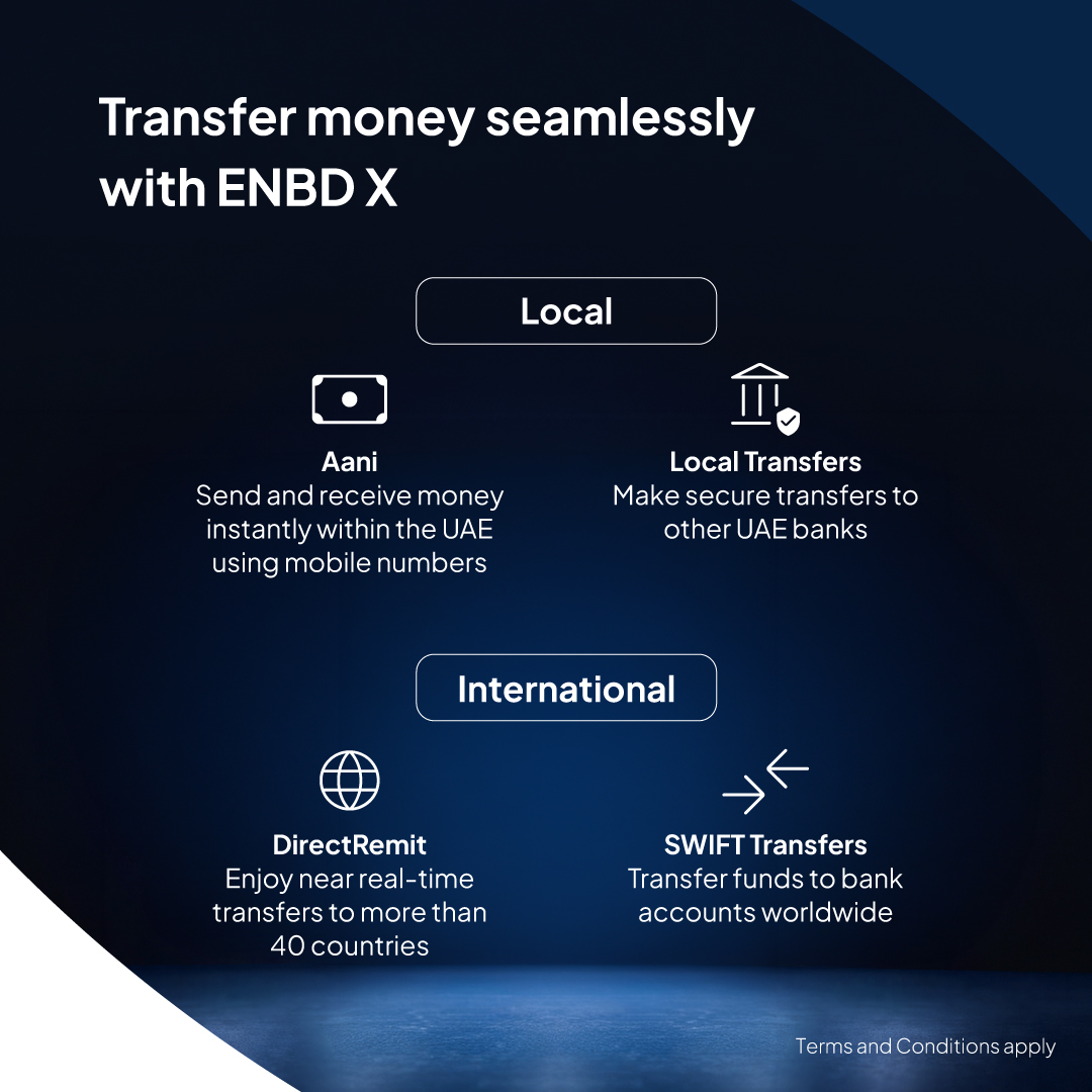 EmiratesNBD_AE's tweet image. Whether you're paying your bills, transferring money within the UAE, sending it abroad or exchanging currencies, Emirates NBD makes it simple and secure through the ENBD X app.
#transfers #payments #DirectRemit #Aani #currencies #travel #GlobalCash

emiratesnbd.com/en/foreign-exc…