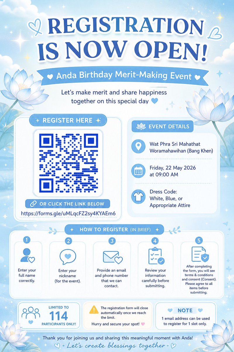 📢✨ เปิดลงทะเบียนแล้ว! ✨📢

🎂 กิจกรรมทำบุญเนื่องในวันเกิดของอันดา
(Anda Birthday Merit-Making Registration)

🔗 สามารถคลิกลิงก์เพื่อลงทะเบียนได้ที่:
forms.gle/uMLqcFZ2sy4KYA…

🎟️ จำกัดจำนวนผู้เข้าร่วมเพียง 114 ท่านเท่านั้น
⚠️ ฟอร์มจะปิดทันทีเมื่อมีผู้ลงทะเบียนครบตามจำนวนที่กำหนด