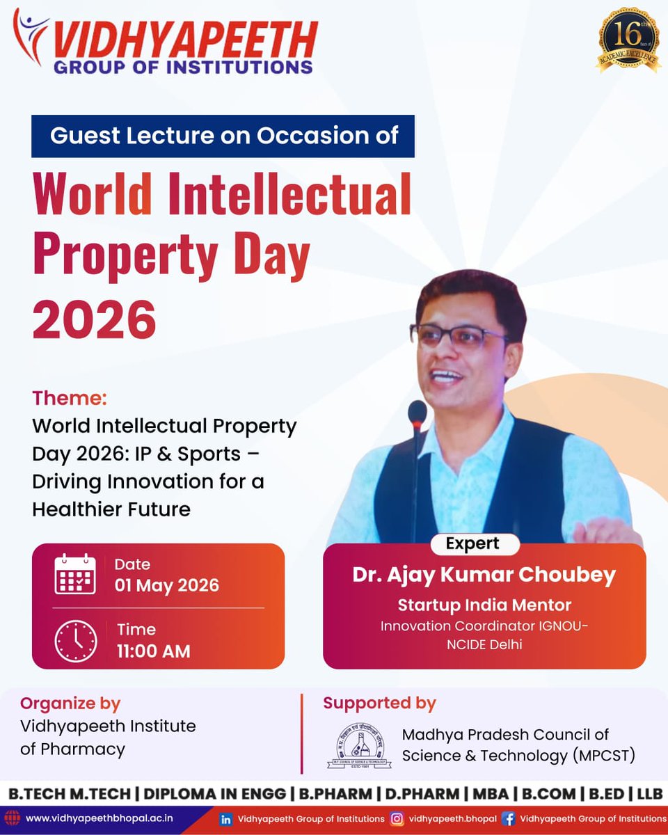 ajay241's tweet photo. Grateful to Vidyapeeth Institute of Pharmacy for the invitation to an MPCST-sponsored workshop. Looking forward to an engaging and insightful session.

#iprinstartup #MPCST #session #vidyapeethinstituteofpharmacy #ajaykumarchoubey https://t.co/qqo1sc1ryT