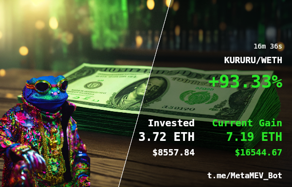 BotMetaMEV's tweet photo. 🚨 Trade Profit Tracker 🚨

🔔 KURURU/WETH

Free $1000 per day with MetaMEV Bot: #mevbot #metamev https://t.co/6imQPSId4q

🗂 CA: 0x9856A2c5268B1bEE0FeaD8F21e5267e13c8255e1

💰 Profit: 93.33% | ⏱️ Time: 16m 36s

💸 Invested: 3.72 ETH | 💰 Gained: 7.19 ETH https://t.co/BuAkiflrSs