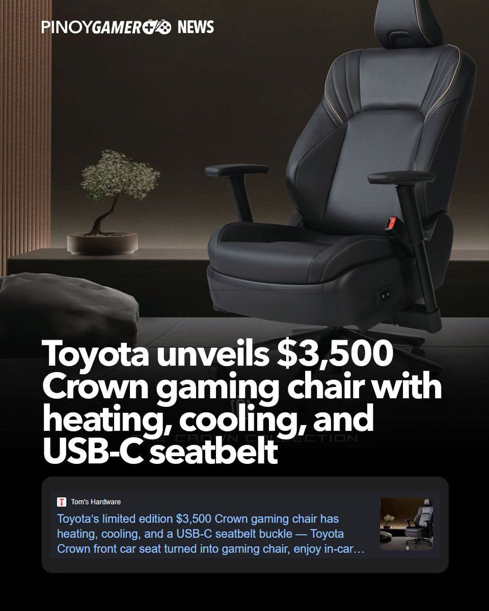 pinoygamerph's tweet image. Toyota unveils $3,500 Crown gaming chair with heating, cooling, and USB-C seatbelt #toyota #chair #pinoygamer
