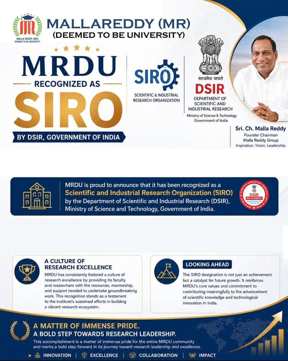 mallareddydu's tweet photo. MRDU proudly announces Scientific and Industrial Research Organization (SIRO) recognition from Govt. of India, Ministry of Science &amp; Technology, Department of Scientific and Industrial Research. #mallareddydu #siro #innovation https://t.co/TVeIS4VSsJ