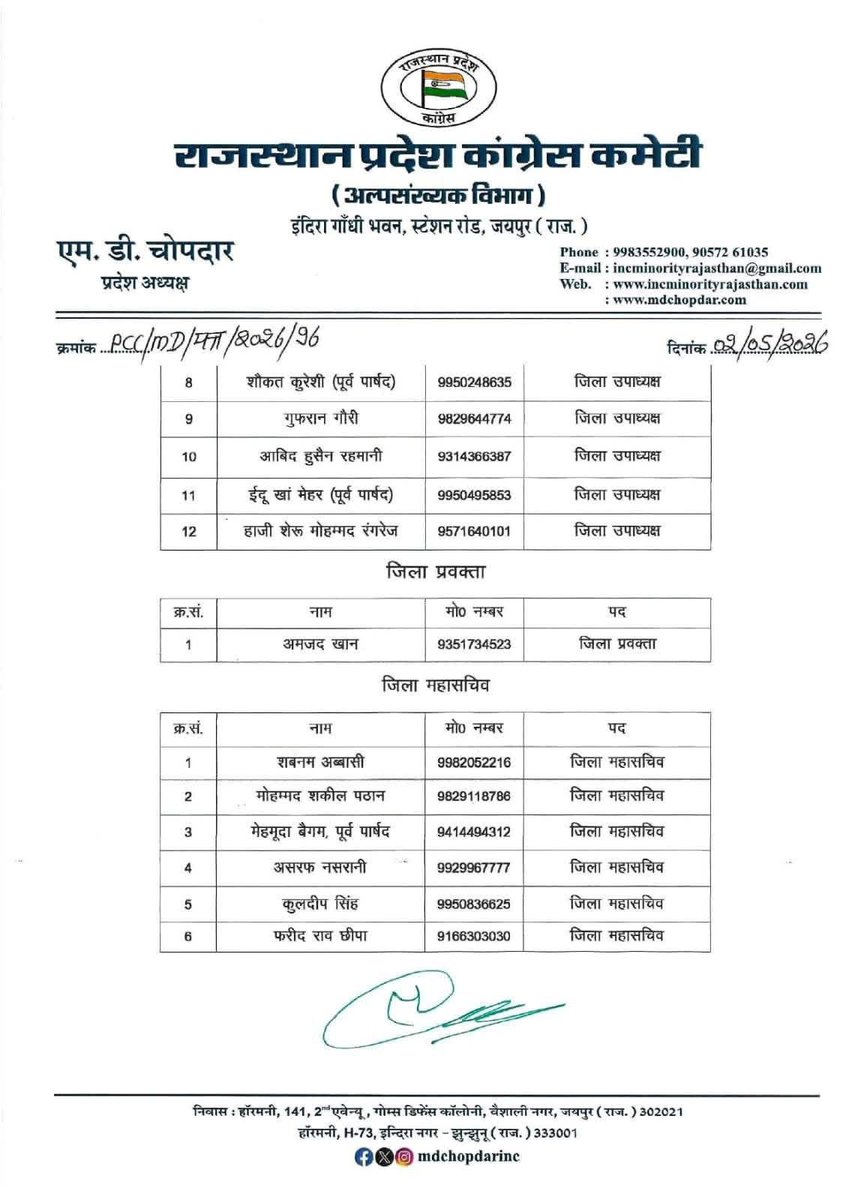 sohelnasrani's tweet photo. *राजस्थान प्रदेश कांग्रेस कमेटी* 
*अल्पसंख्यक विभाग*

*सामाजिक सेवा में हमेशा अग्रिणी रहने वाले भाई असरफ नसरानी को जिला महासचिव बनने पर बहुत बहुत मुबारकबाद हो 💐💐*

@INCIndia @INCRajasthan
@INCMinority @RahulGandhi
@ShayarImran @mdchopdarinc https://t.co/XQvIbTRVUk