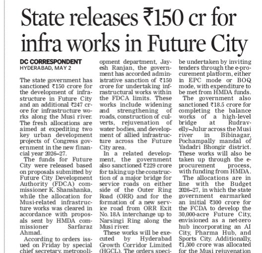 revanthannanews's tweet image. 🌟State clears ₹150 cr for Future City infrastructure
🔹Funds for roads, culverts and water bodies
🔹Additional allocation for Musi, ORR connectivity works
🔹Focus on fast-tracking key urban projects
#Telangana #Infrastructure
@DeccanChronicle