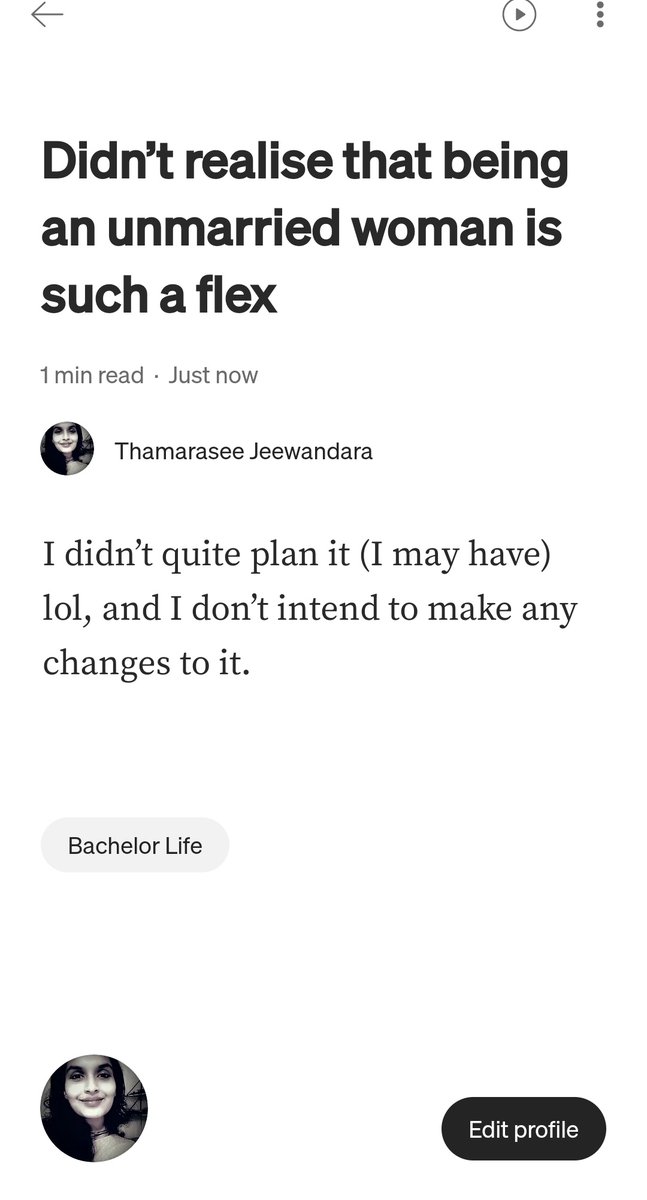 Jeew333T's tweet image. I didn’t realise that being an unmarried woman is such a flex, and what a pleasant surprise that is. My thoughts for Medium. #writing  thamarasee.medium.com/didnt-realise-…