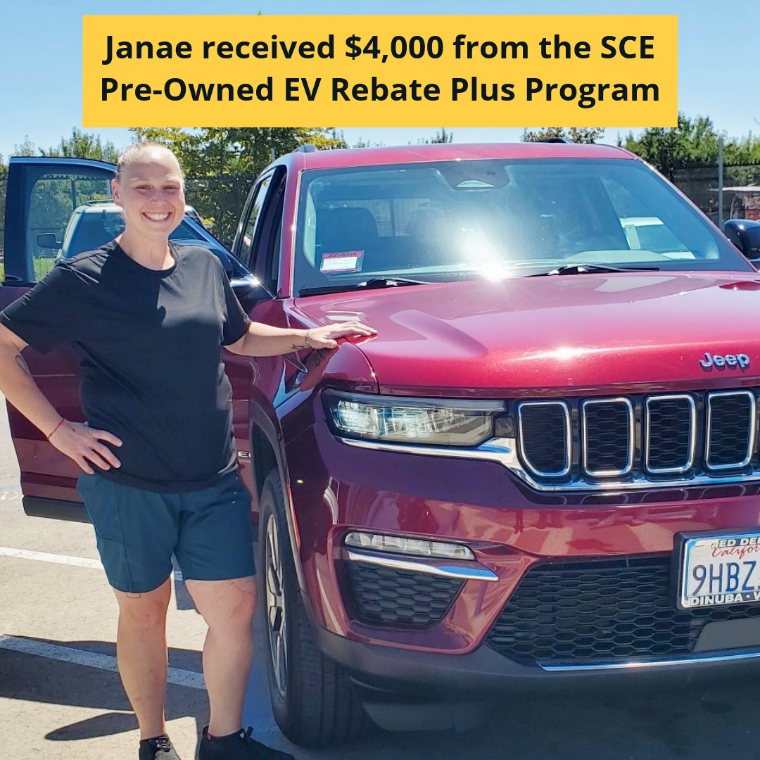 ValleyCAN's tweet image. Janae from #Visalia purchased a 2023 Jeep Grand Cherokee #PHEV and received a $4,000 rebate from SCE through their Pre-Owned EV Rebate Plus program.

📞 (209) 670-0055
📅 Monday–Friday, 6:00 AM–5:00 PM PST
📧 info@gopoev.org
🔗 evrebates.sce.com/site/home