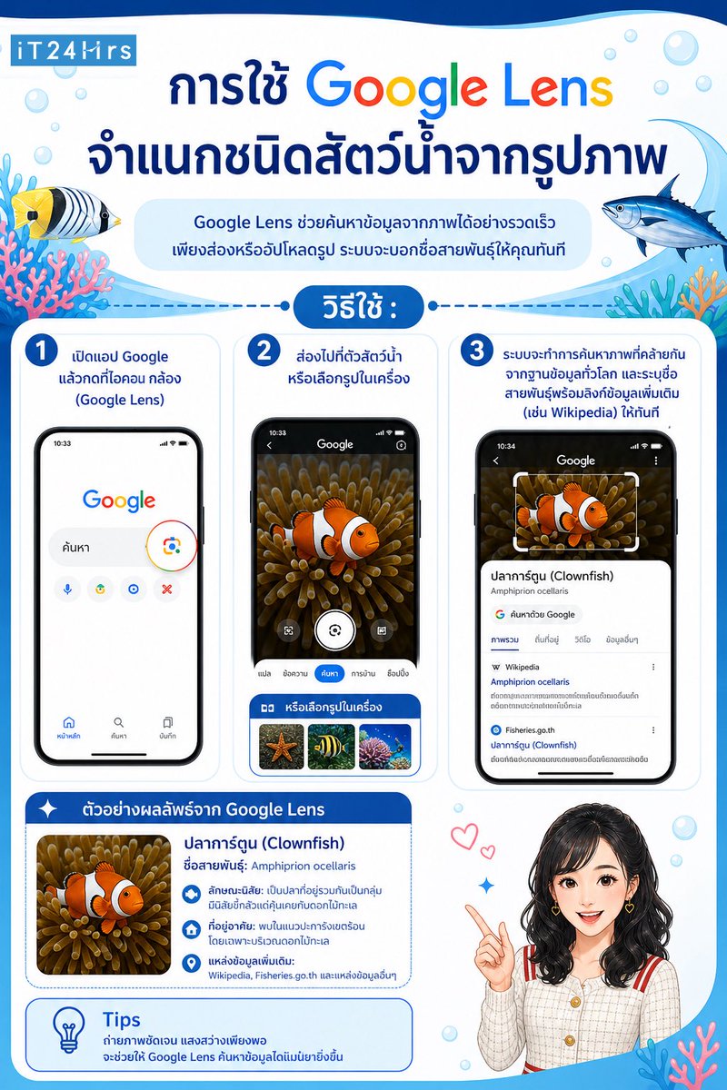 panraphee's tweet image. ฟรี! วิธีการใช้ Google Lens และ Gemini จำแนกชนิดสัตว์น้ำ พร้อมบอกรายละเอียด ￼ด้วยการถ่ายรูป หรือเลือกจากรูปภาพที่มี ￼￼ทำได้ "ฟรี” และรวดเร็ว 
วิธีการตามภาพ infographic ⤵️ 

#AI #สัตว์น้ำ #fish #ปลา #iT24Hrs