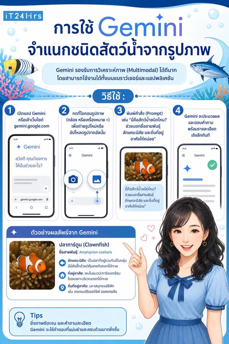 panraphee's tweet image. ฟรี! วิธีการใช้ Google Lens และ Gemini จำแนกชนิดสัตว์น้ำ พร้อมบอกรายละเอียด ￼ด้วยการถ่ายรูป หรือเลือกจากรูปภาพที่มี ￼￼ทำได้ "ฟรี” และรวดเร็ว 
วิธีการตามภาพ infographic ⤵️ 

#AI #สัตว์น้ำ #fish #ปลา #iT24Hrs