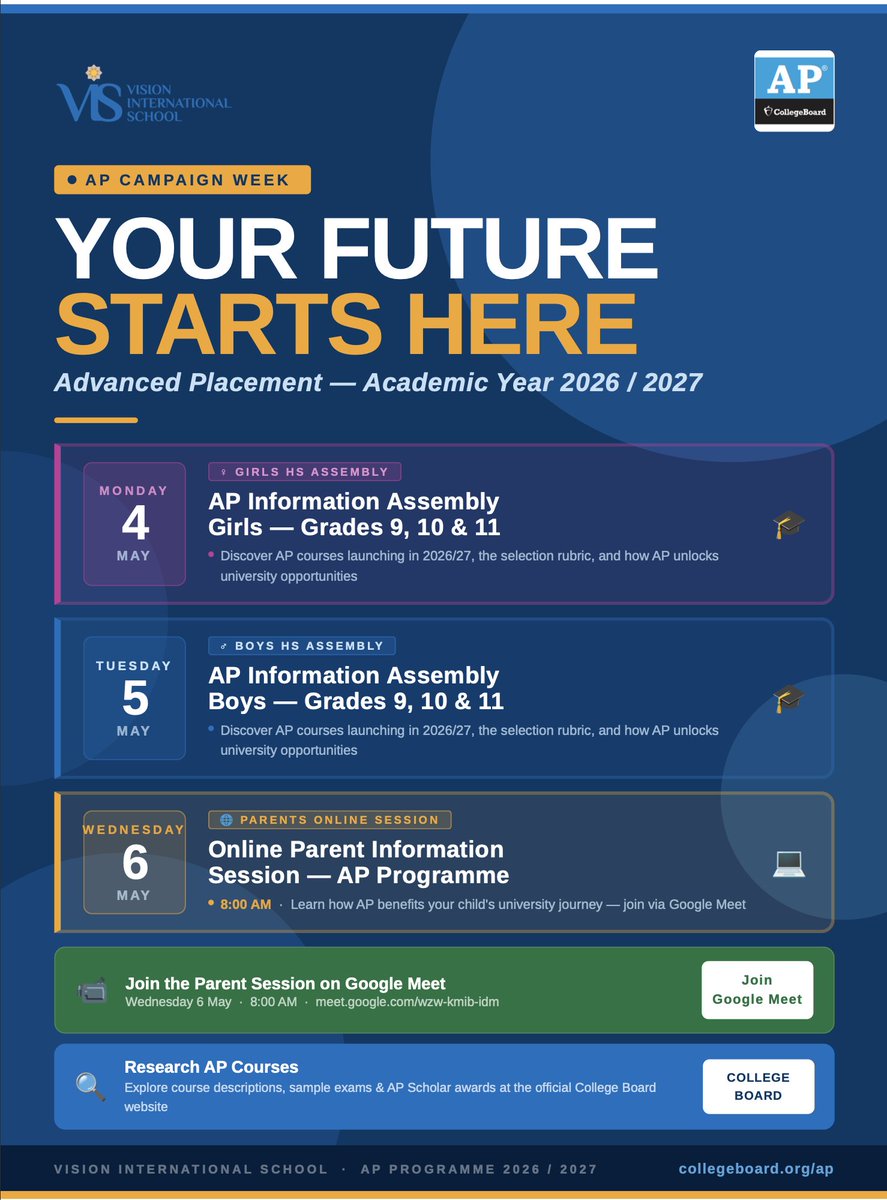 VISQatar's tweet photo. Your future starts here 🎓
Join our AP Campaign Week and discover how College Board AP courses can support your path to university.
#APProgramme #APCampaignWeek #FutureStartsHere #UniversityReady https://t.co/Jq4OvLC9xX