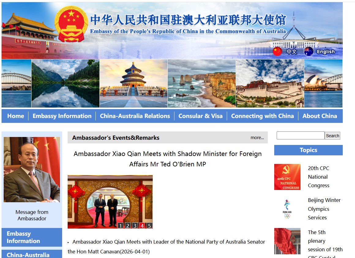 geoff_p_wade's tweet photo. Australia: What has happened at the PRC embassy in Canberra? No English-language website updates since 1 April and only a 14 April reported interview with XIAO Qian on Chinese website
https://t.co/l7LjY5VZGh
https://t.co/vfSRNPFeB7 https://t.co/wwznbW1qod