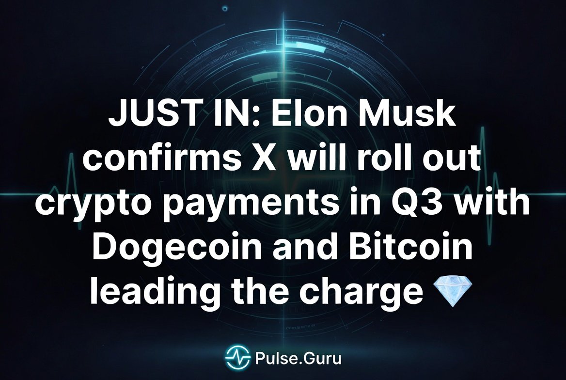 Pulse_Guru's tweet photo. JUST IN: Elon Musk confirms X will roll out crypto payments in Q3 with Dogecoin and Bitcoin leading the charge 💎 https://t.co/eMxYLa8rM2