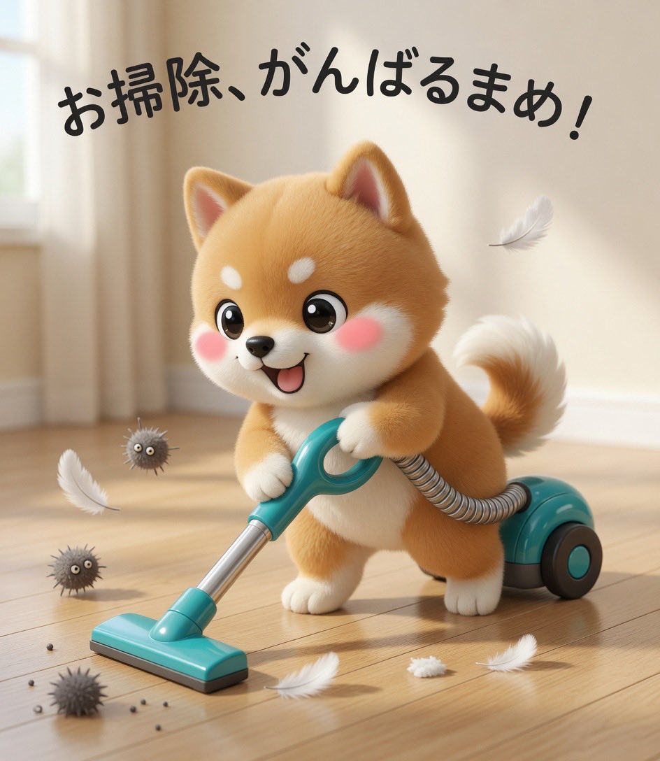 今日は掃除の日！➁ ぬいぐるみver.！ #まめちゃん #ゆるキャラ