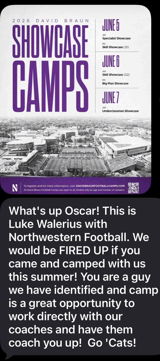 OFloresFootball's tweet image. “Honored and greatful to be identified by @LukeWalerius_ and the @NUFBFamily staff. 🟣⚪️ Thank you for the personal invite to compete in Evanston this summer!
Bixby Spartans | Class of 2029
📍 6’3” 256 lbs | 10” Hands | 77.5” Wingspan
📚 4.0 GPA
#GoCats #BixbySpartans #BigTen