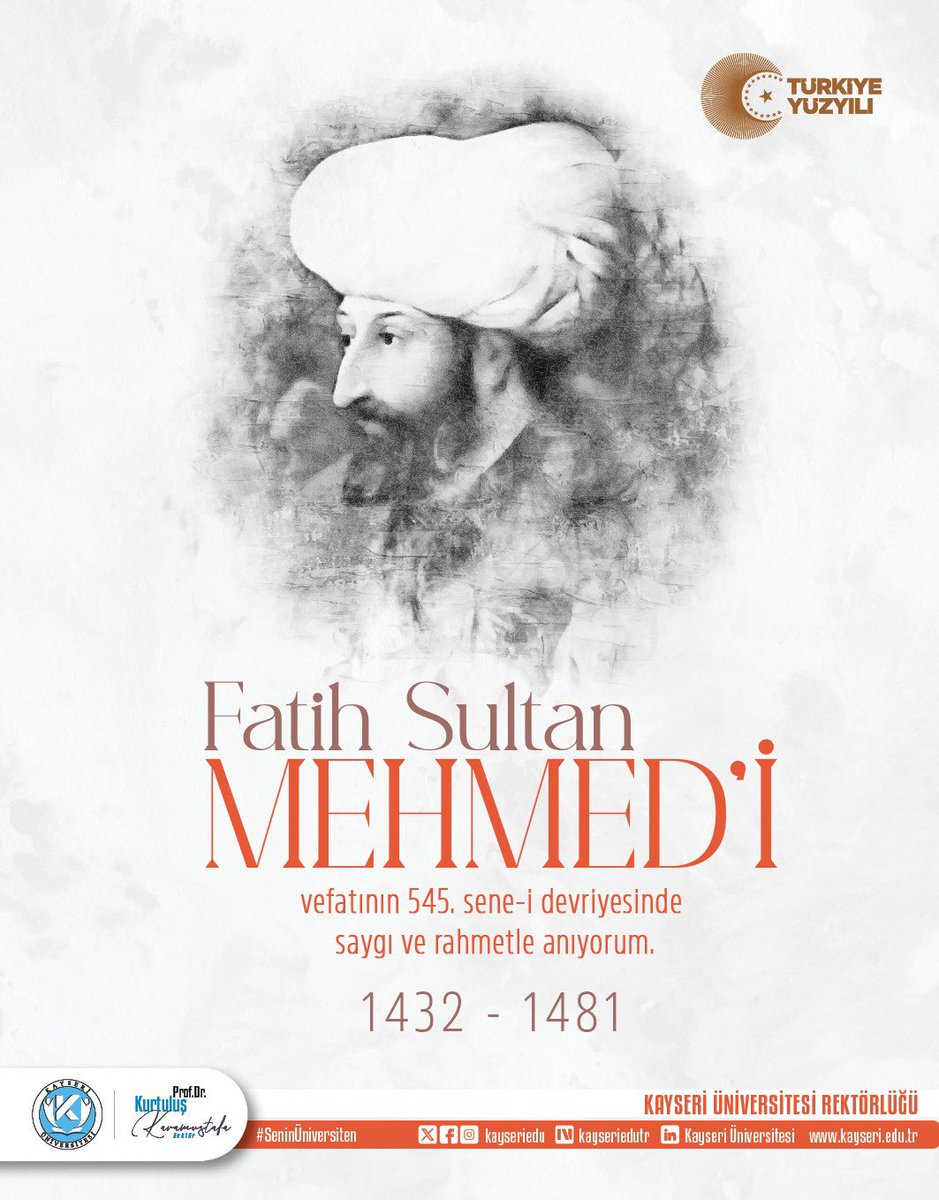 Tarihimizin en büyük gururlarından, dünya tarihine damga vurmuş eşsiz komutan ve büyük devlet adamı Fatih Sultan Mehmet Han’ı vefatının 545. yıldönümünde minnetle, hürmetle, rahmetle ve dualarla yâd ediyorum.

1453’te 21 yaşında İstanbul’u fethederek hem bir çağı kapatan hem de