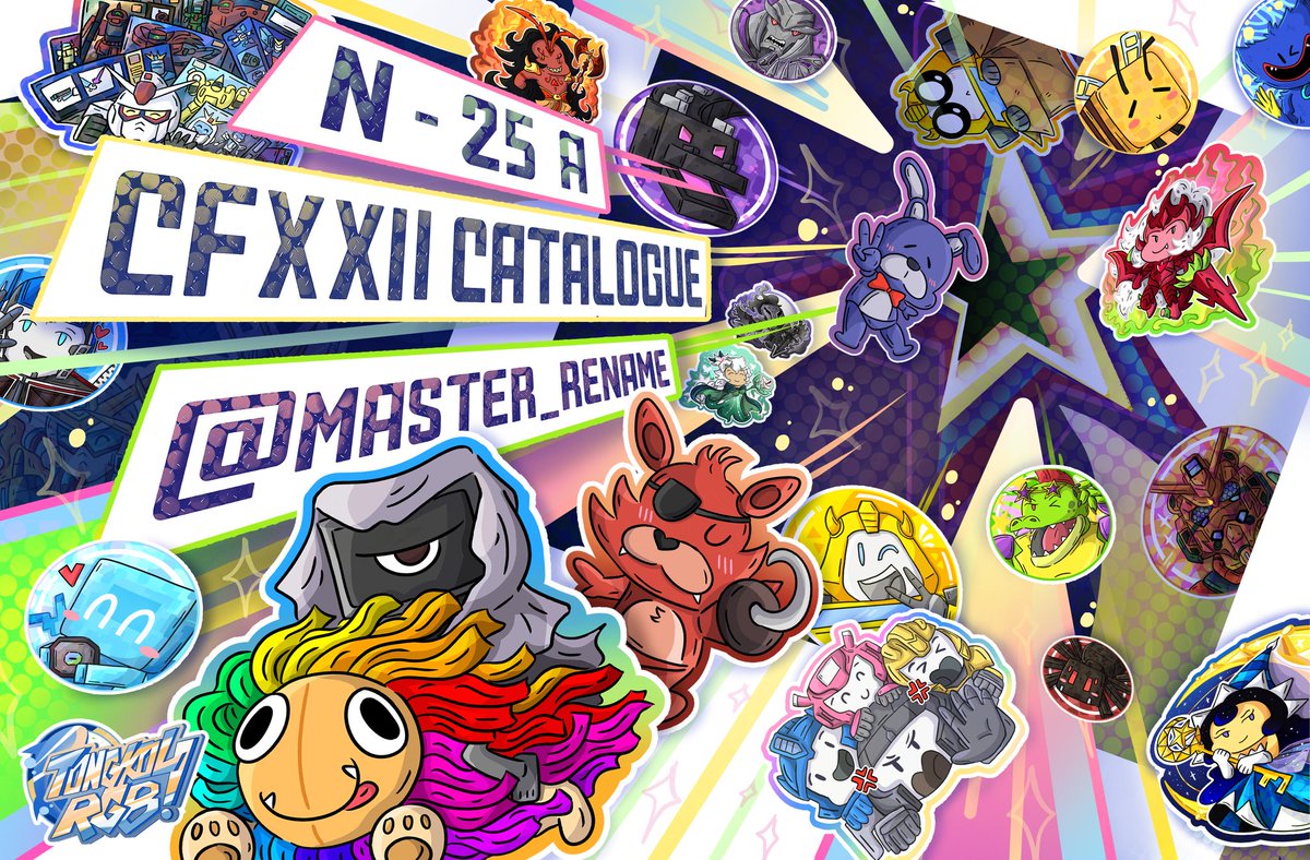 #CF22 UwU
Master Rename - Tongkol RGB 
Both days - N 25 A 

Finally..diriku ngepost catalog full nya. Buat yang suka per mecha an, robot hamil, cookierun, animatronic horror ( FNAF, poppy playtime) , minecraft, adventure time 
Dll yuk mampir #CF22catalogue #comifuro22catalogue