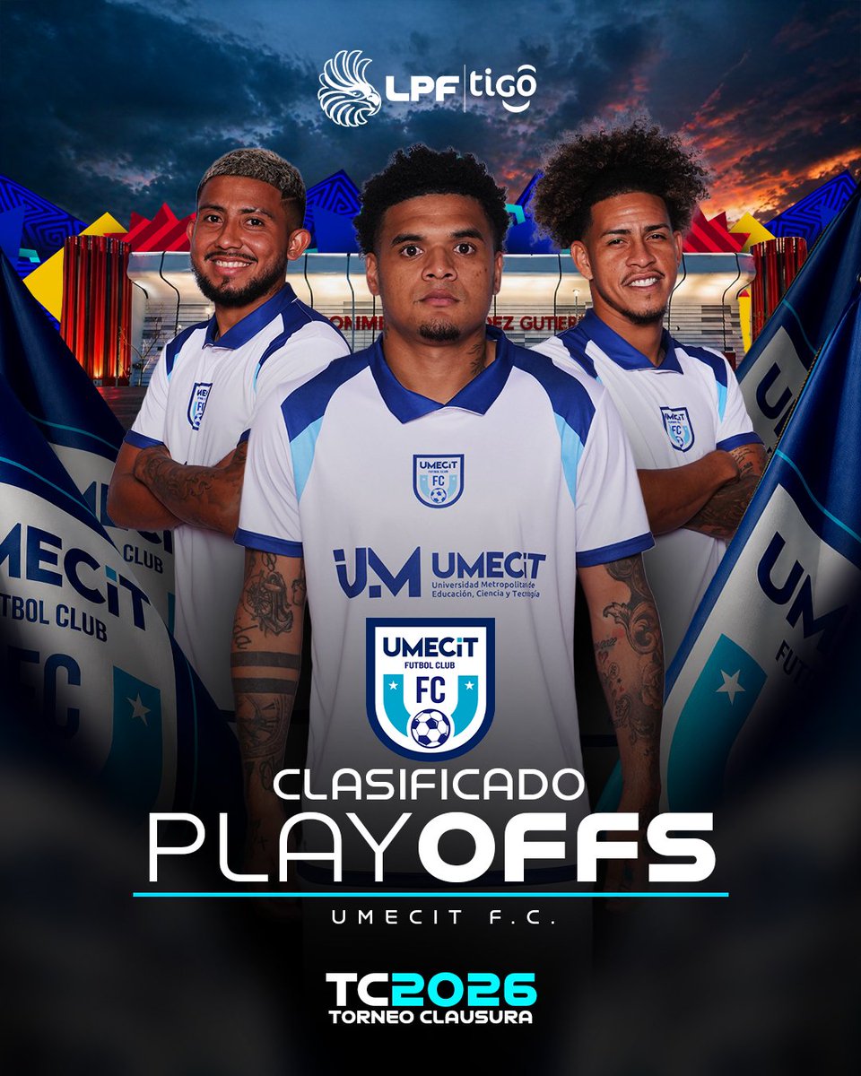 LPFpanama's tweet photo. ¡𝗖𝗟𝗔𝗦𝗜𝗙𝗜𝗖𝗔𝗗𝗢𝗦! 🎓🔵⚪ 

El @fcumecit clasifica en el tercer lugar de la Conferencia Este a los playoffs del Torneo Clausura 2026 de la #LPFTigo. 

#NuestroFútbol https://t.co/X7QTtU4UwY