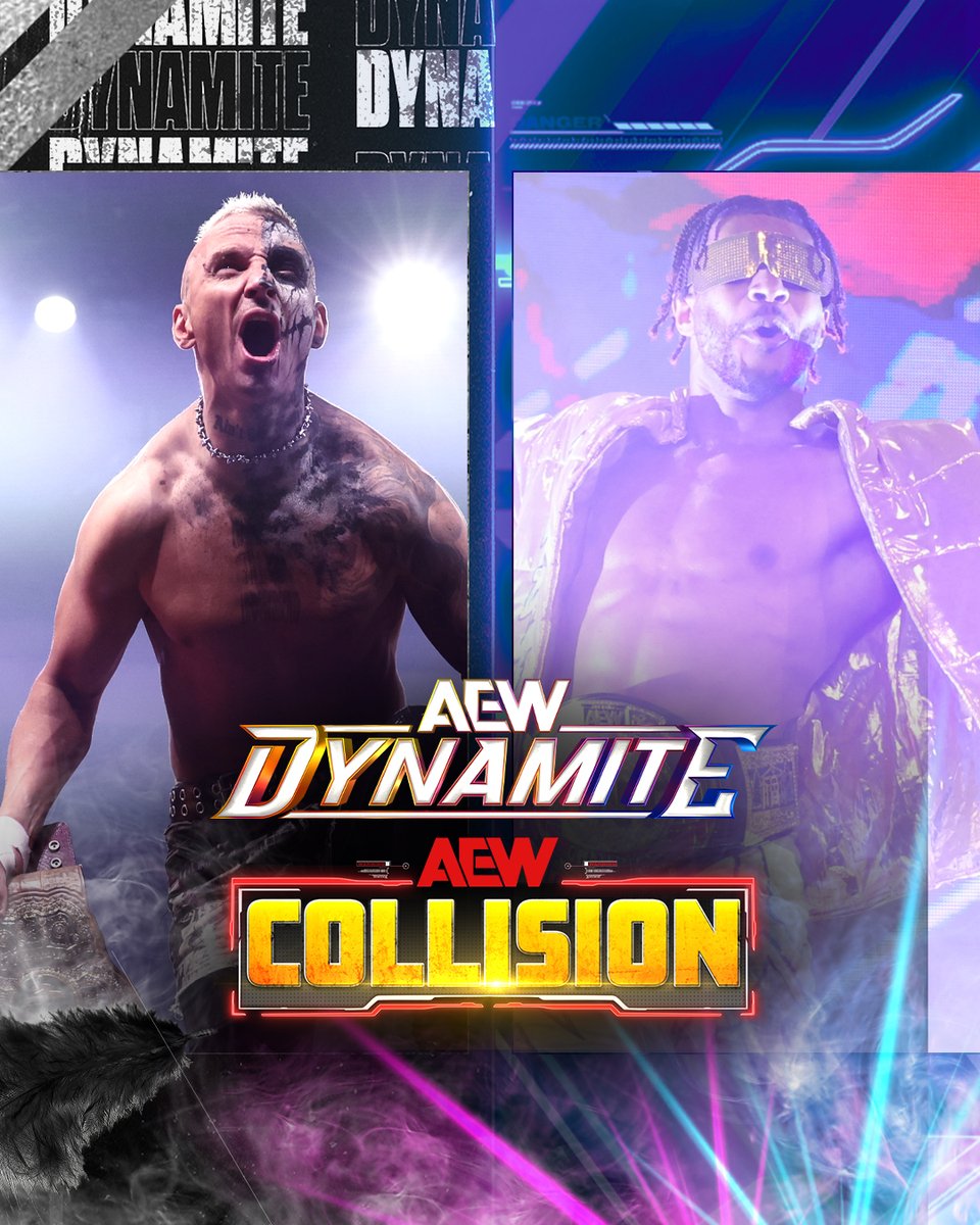 AEW's tweet image. #AEWDynamite + #AEWCollision
3-HOUR SPECIAL!
8/7c, TBS + HBO Max
This Wednesday, 5/6

AEW World Title
@DarbyAllin vs @Jet2Flyy

The Jet looks to ride his momentum to the top of AEW, but Darby will keep fighting until he can't!

Darby vs The Jet for the AEW World Title, WEDNESDAY!