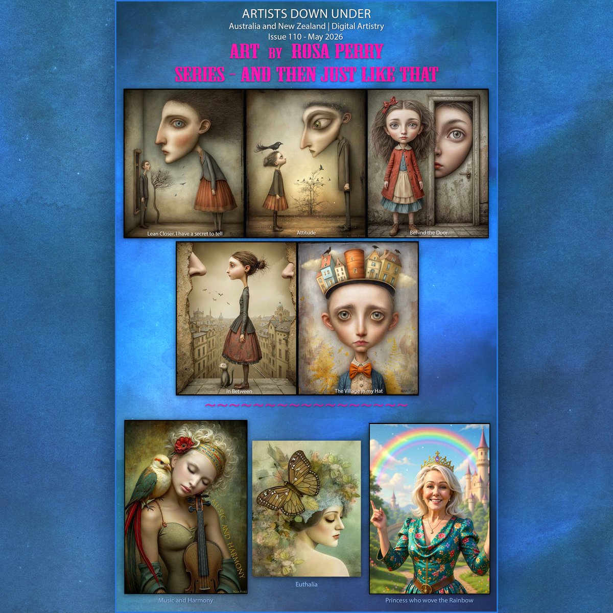 rosaperry's tweet photo. The May edition of Artists Down Under is out! 
My work appears throughout this edition:
• Page 3 – Euthalia 
• And Then Just Like That Series – Pages 42, 43, 44, 45 &amp; 46
• Page 54 – Music and Harmony
• Page 98 – The Princess who wove the Rainbow
 https://t.co/9rYEnnO2qY https://t.co/hjfvbTLsFM