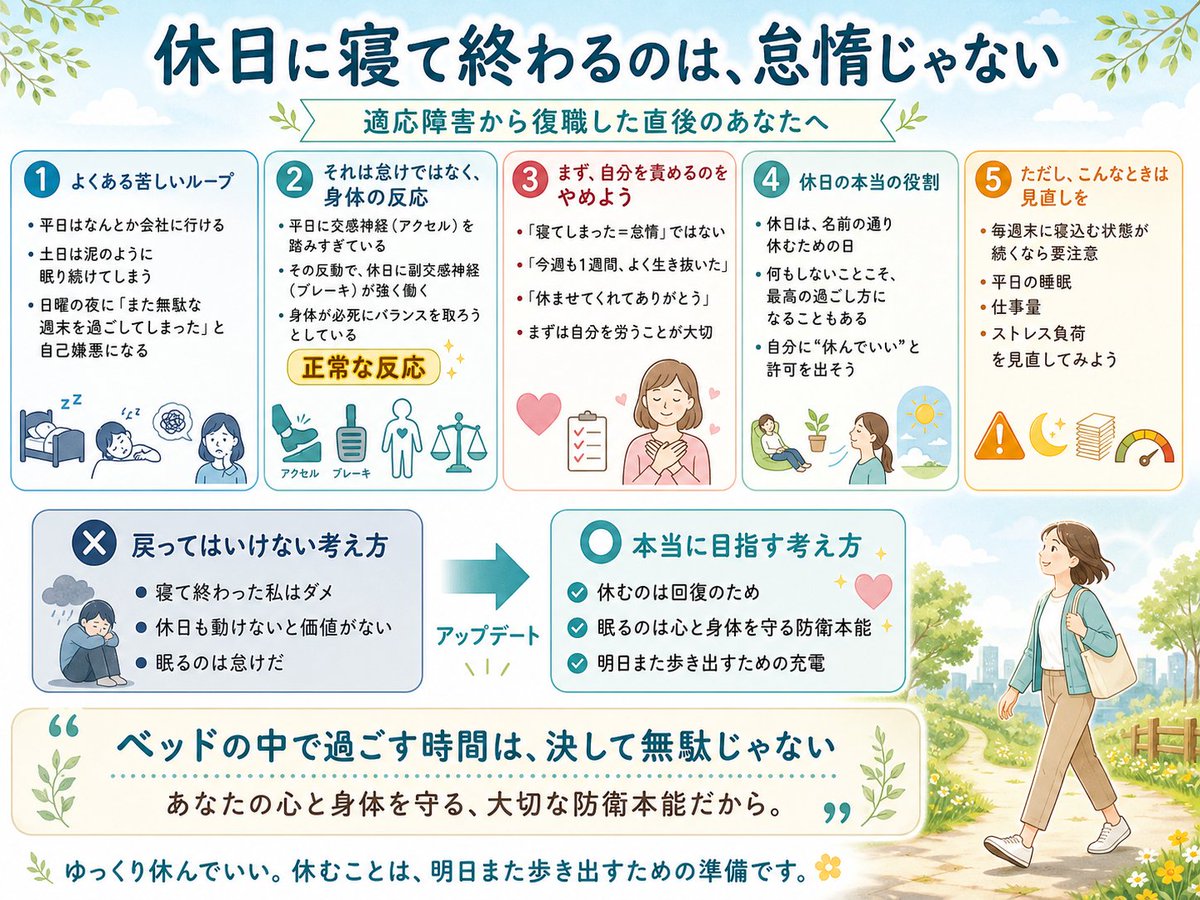 Hiro_BaseReset's tweet photo. 適応障害から復職した復職した直後に「休日は寝て終わってしまう」のは、あなたが怠惰だからじゃない。

平日はなんとか会社に行けるけど、土日は泥のように眠り続けてしまう。
そして日曜の夜に「また無駄な週末を過ごしてしまった」と激しい自己嫌悪に襲われる。

復職したばかりの頃、自分はずっとこの苦しいループにハマっていた。
でもこれは怠けではなく、平日に交感神経（アクセル）を過剰に踏みすぎている反動で、休日に副交感神経（ブレーキ）が強制発動しているだけ。
つまり、身体が必死にバランスを取ろうとしている正常な反応。

だから「寝てしまった」と自分を責めるのは今日で終わりにしよう。
「今週も1週間、よく生き抜いた」「休ませてくれてありがとう」と自分を労ってほしい。

休日は名前の通り「休むための日」だ。
何もしないことこそが、最高の過ごし方なんだと自分に許可を出してあげよう。
明日からまた歩き出すために。明日からまた一週間を頑張るために。
※ただし、毎週末に寝込む状態が続くなら、平日の睡眠・仕事量・ストレス負荷を見直したほうがいいです。

ベッドの中で過ごす時間は決して無駄じゃない。
あなたの心と身体を守る大切な防衛本能なのだから。
ゆっくり休んでいいんだよ。