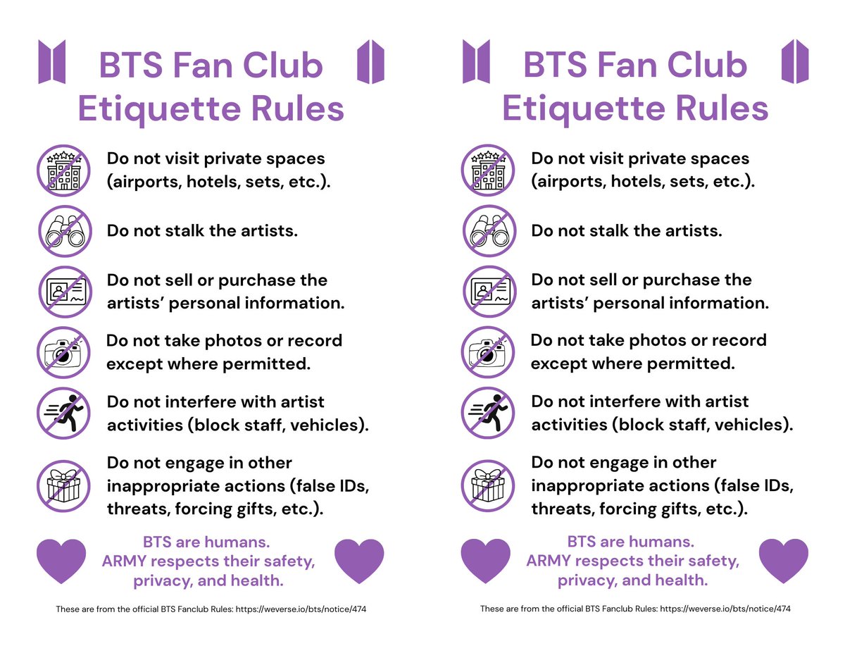 If anyone wants to print flyers 👇 for upcoming tour stops, I made some very basic ones with the BTS Fanclub Etiquette Rules and Concert Safety. I will take to LV stops. I think we have to share AND make an effort to talk to other fans BEFORE the show starts. PDF version in 🧵
