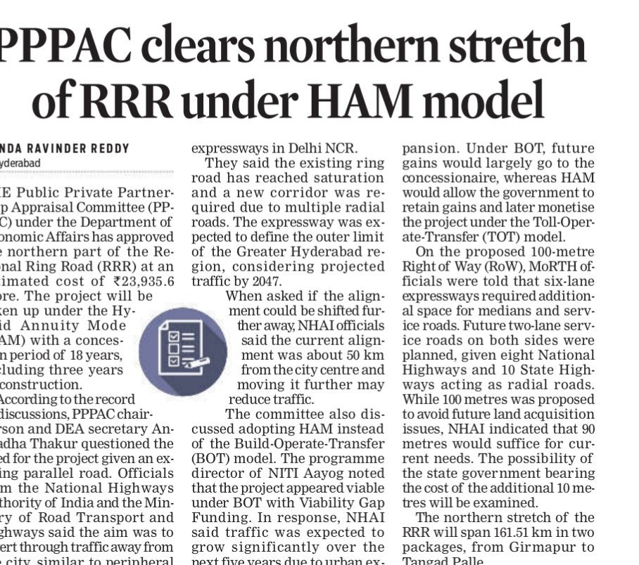 revanthannanews's tweet image. 🔔PPPAC clears RRR north stretch under HAM
🔹₹23,935 cr project to ease traffic, divert through movement
🔹161-km corridor to define outer growth of Hyderabad
🔹HAM model to retain long-term govt gains
#Telangana #Infrastructure
@ravinderTNIE