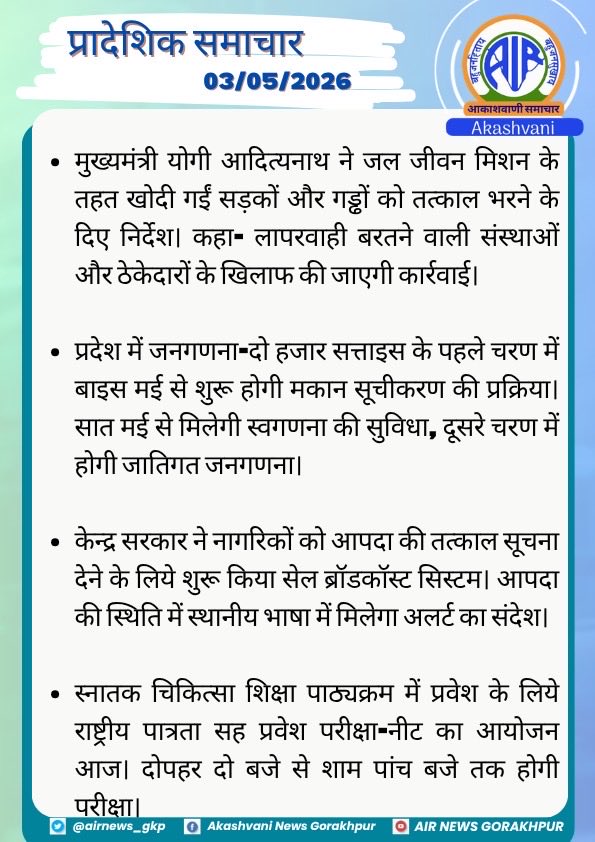 airnews_gkp's tweet image. प्रादेशिक समाचार (03.05.2026)

#UPCM #JalJeevanMission #Infrastructure #RoadSafety #UPGovt #Census2027 #SelfEnumeration #CasteCensus #IndiaGovt #CellBroadcast #DisasterAlert #EmergencySystem #NEET2026 #MedicalEntrance #Students #ExamDay #UPNews