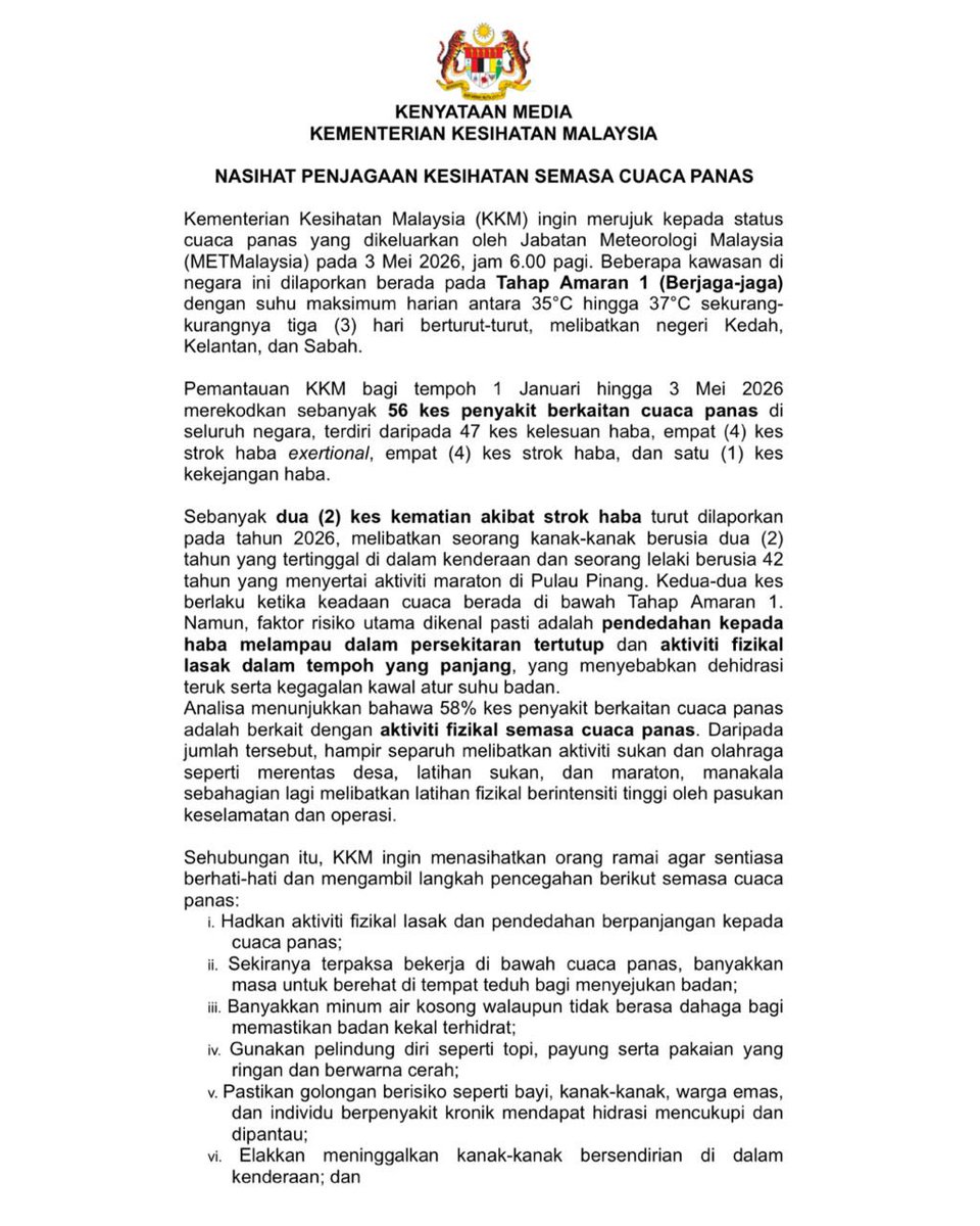 KKMPutrajaya's tweet photo. Kenyataan Media Kementerian Kesihatan Malaysia

Nasihat Penjagaan Kesihatan Semasa Cuaca Panas https://t.co/Ys5H4wHJ9q