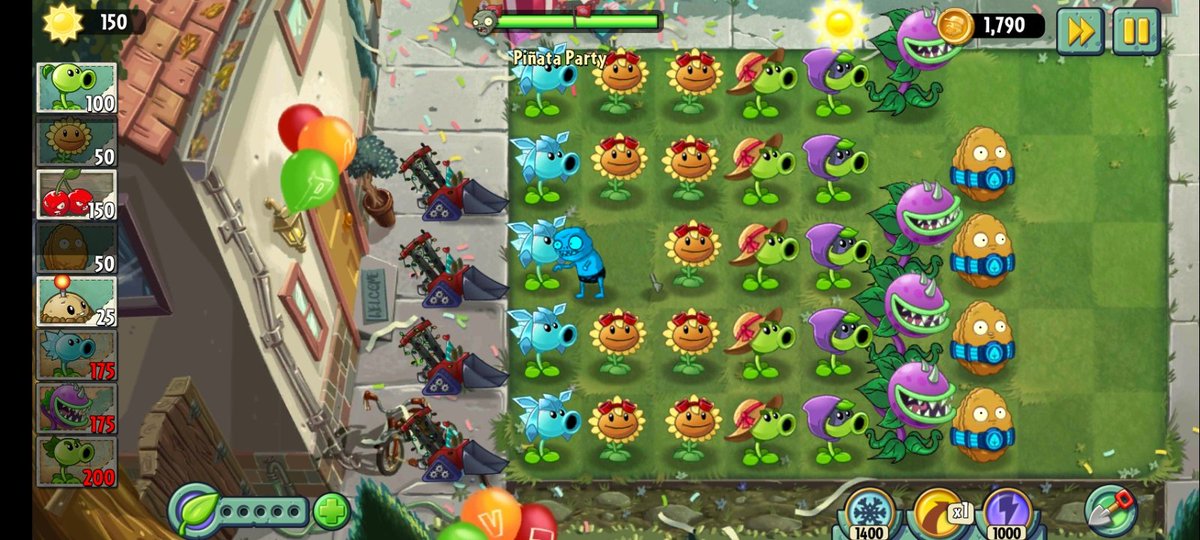 CowSnakeBurger's tweet photo. Trate de recrear la estrategia de pvz 1 en el  pvz 2 reflourished (el de fiesta de piñata) Pero casi me ganan 👀 https://t.co/2EqmqubOhN