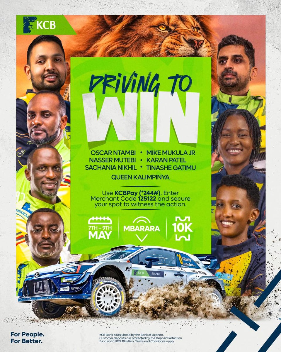 Namelessoffici7's tweet photo. 🏎️ ‘DRIVING TO WIN’ rally roars into Mbarara 🗓️7th‑9th May! Featuring Oscar, Nikhil, Tinashe & Queen.
Secure tickets 🎫 on KCBPay *244#, merchant 125122. 🔥🚀
Don't miss the thrill 🏁💨
#ExploreAnkole
#PearlOfAfricaUgandaRally2026 #EquatorPosts @fia @MotorsportUG @kcbbank https://t.co/8OKG0btfss