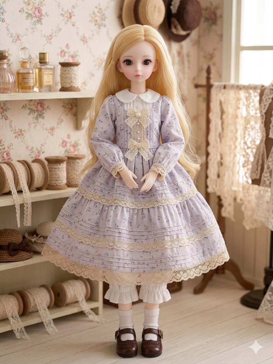 Pastel_may's tweet image. ピンクハウスぽいワンピース＆ドロワーズできた✨
AI、ほんとに便利〜
 #doll  #ドール服  #bjd  #fashiondoll