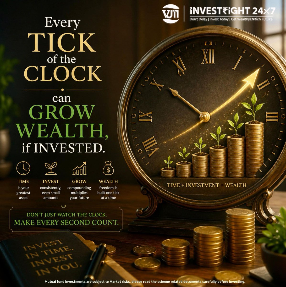 Vishal_Mane31's tweet image. "Every tick of the clock can grow wealth, if invested." ⏳ 
Make time your superpower. 
Start your SIP today &amp;amp; let compounding do the rest. 

V J M INVEST₹IGHT 24x7 
Knowledge. Trust. Discipline.

#SIP #Wealth #Invest